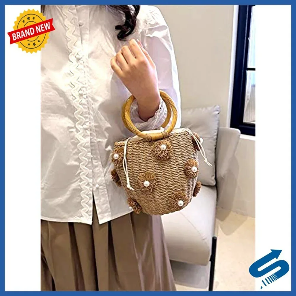 Straw Bucket Tote Bag Hand Woven Rattan Shell Pearl Flower Drawstring Purse